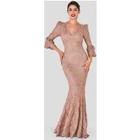 Goddiva Maxikleid Scalloped Lace Maxi Dress Spitzenstoff, V-Ausschnitt, 3/4-Ärmel, Wellenkante, weich fließend