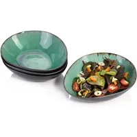 SÄNGER Salatschüssel Palm Beach, Grün Schwarz, Steingut, (Set, 4-tlg), Salatschalen Set mit Krakellee-Effekt, Vintage Design