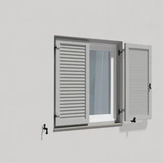 Fensterläden Hellgrau, Klappläden mit Montagerahmen, RAL 7035 matt, 800 x 800 mm, 2-flügelig Lamellenform Hamburg, individuell konfigurierbar
