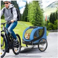 PawHut Fahrradhundeanhänger mit Universalkupplung, Hundeanhänger, Fahrrad, klappbar Fahne, für Garten, Balkon, Blau+Schwarz