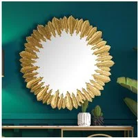 KADIMA DESIGN Spiegel Wandspiegel Federn 68 cm Metall Design Hängespiegel Gold, Eisen (Modern), Dekospiegel Rund, Spiegel Wand Groß, Flurspiegel Garderobenspiegel
