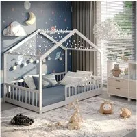 CADANI Kinderbett Malte Hausbett Bodenbett Rausfallschutz abnehmbar bis 200 kg belastbar (120x200 cm, Montessori Kinder- & Jugendbett aus Kiefer Massivholz), inkl. stabilem Roll-Lattenrost, langfristig nutzbar, Weiss