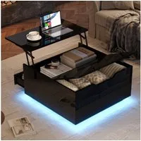 Merax Couchtisch Hochglanz Sofatisch mit Hebefunktion und LED-Acryllicht (Anhebbarer Wohnzimmertisch Kaffeetisch, 1-St., 70x70x38cm), Beistelltisch mit Schublade,verstecktem Stauraum,klappbare Tischplatte