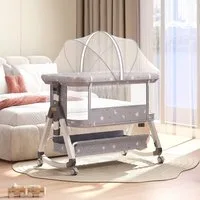 oyajia Beistellbett 3 in 1 Beistellbett Stubenwagen Babybett Baby Reisebett, 6-stufige Höhenverstellung, mit Rollen, Moskitonetz und Matratze