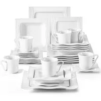 MALACASA Geschirr-Set Tafelservice MARIO für 6, Porzellan Geschirrset Weiß (30-tlg), 6 Personen, Porzellan