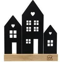 UNUS HOME Dekofigur Aufsteller Häuser Stadt (3 Häuser, schwarz), Häuser-Silhouette aus Metall und Bambus-Holz Wohndekoration