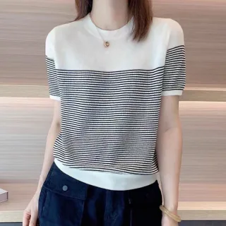 ZANZEA Women Summer T Shirt Vintage Striped Short Sleeve Tee Korean Fashion Round Neck Patchwork Tunics Casual Knitted T