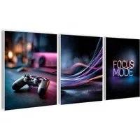 artissimo Mehrteilige Bilder Wandbilder-Set 3er-Set / Gaming Wanddeko / Jugendzimmer, Gaming: Neon Setup in blau lila schwarz