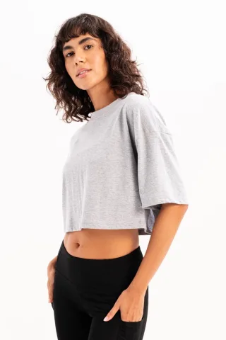 JUSTEVER 100% Baumwolle Crop-Top mit Rundhalsausschnitt, grau, Damen - Maia