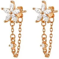 Hey Happiness Paar Ohrhänger Zirkonia Blumen Kettenohrringe, 925 Silber, Feine Hängeohrringe mit Kette vergoldet, Gold & Roségold