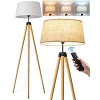 EDISHINE Stehlampe Wohnzimmer Dimmbar, LED wechselbar, warmweiß, Stehleuchte Stativ aus Holz, Fernbedienung Steuerung