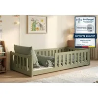 Kids Collective Kinderbett Bodenbett Bett mit Rausfallschutz & Lattenrost Montessori Bett Kinder (Jungen, Mädchen, Kinder, weitere Größen 80x160, 80x180, 90x190, 120x200, 140x200 cm), Jugendbett Gitterbett Einzelbett mit Matratze, Olivgrün 90x200 cm