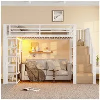Odikalo Hochbett Metallbett 90x200 140x200 mit Stauraum,LED (Hochbett, 90 x 200 cm, Eisenrahmen, Ablagefach, integrierte Stufen, Schutzgeländer, Leiter, mit LED-Lichtleiste, offener Stauraum unter dem Bett, Matratze nicht im Lieferumfang enthalten)