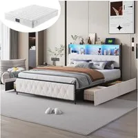Furnishings Home Polsterbett LED Doppelbett, Stauraumbett mit Kopfteil und 4 Schubladen (7-Zonen Federkernmatratze), Mit LED-Beleuchtung, Ladefunktion, Schubladen, Samt, 160x200 cm