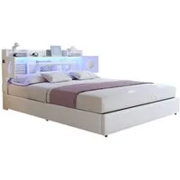 FUROKOY Stauraumbett Polsterbett Doppelbett mit LED-Beleuchtung (Aufklappbares Kopfteil mit Stauraum und Ladeanschluss), Hydraulikbett Funktionsbett, PU, Weiß, 160x200cm