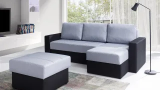 Ecksofa Schlafsofa LABRI inkl.Hocker Schwarz/ Hellgrau Ottomane Rechts