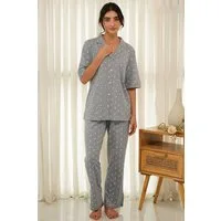 SNOOZE OFF Pyjama Damen Schlafanzug „Sky Paisley“ in Taubenblau mit Paisley-Muster Halbarm Hemd & lange Hose aus Baumwolle