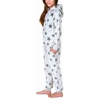 Normann Pyjama Damen Jumpsuit Overall mit Kapuze im Sternen Look aus Coralfleece