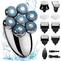 MOPUEA Elektrorasierer 5-in-1 für Herren, Glatzenrasierer mit 7 rotierenden Köpfen, Aufsätze: 5, Haarschneider, wasserdicht, kabellos mit USB wiederaufladbar
