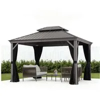 PURPLE LEAF Pavillon Außenbereich Alu Gartenpavillon, Gazebo mit Stahldach Hardtop, 300x365 CM, Gazebo Inklusive Vorhänge und Fliegengitter,für Terrasse