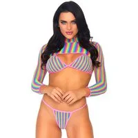 Leg Avenue Set: Bügelloser BH Netz-Set: BH, Crop-Top und String - Regenbogenfarben (3-tlg) transparent