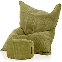 Green Bean Sitzsack XXL Sitzsack Square Cord + Hocker (Sitzsack + Hocker im Set - XXL Riesensitzsac mit passendem Fußhocker), Bean Bag Bodenkissen Liegekissen Sitzkissen Indoor Drinnen Waschbar