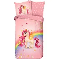 good morning Kinderbettwäsche Little, Renforcé, 2 teilig, Baumwolle, 135x200, Reißverschluss, Wende, Kind Mädchen, Einhorn, Rosa