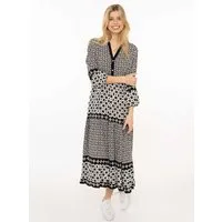 Zwillingsherz Maxikleid "Geometric" Ornamentmustermix, Knopfleiste, 3/4 Arm