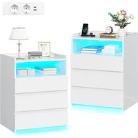 MSMASK Nachttisch mit 3 Schubladen, Steckdosenleiste und LED-Beleuchtung (2-St), Nachtschrank, Beistelltisch, 40x35x60cm