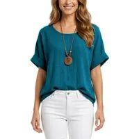 dy_mode Kurzarmbluse Damen Kurzarm Bluse Leichte Sommer Tunika Baumwollbluse Oberteil in Unifarbe, mit passende Kette