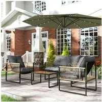 Outsunny Sitzgruppe 4 tlg. Rattan Gartenmöbel-Set mit 1 Couchtisch, 2 Sesseln, Zweisitzer, (Garten Lougen Set, 4-tlg., Gartengarnitur), für Garten, Terrasse, Stahl, Braun