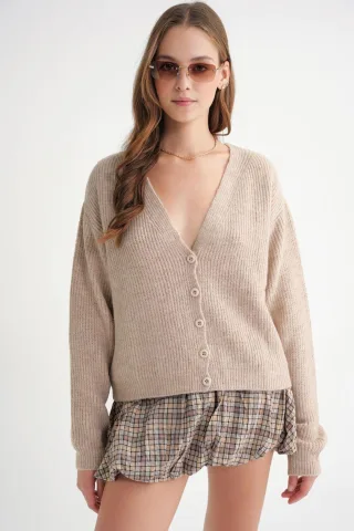 Strukturiertes V-Ausschnitt Knopf Cardigan