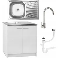 STAMAR Spülenschrank Küchenunterschrank 80 cm Weiß mit Spüle Armatur Komplettset Unterschrank stehend Edelstahl Spülbecken Wasserhahn Khaki matt Set