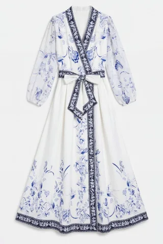 Blumenkleid mit V-Ausschnitt und Gürtel im Maxiformat