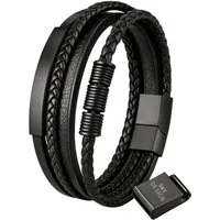 S&T Design Lederarmband Herren Armband Schwarz Schmuck Edelstahl (Geschenkebox (Etui), Geflochten), Magnetverschluss & Verlängerung Geschenk für Männer Söhne Kinder