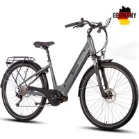 SAXXX E-Bike Trekkingrad Damen & Herren 28'' SAXXX Deluxe SW, 418Wh, max. 100km, 9 Gang Shimano Alivio Schaltwerk, Kettenschaltung, Mittelmotor, 418 Wh, (mit Tiefeinsteiger-Rahmen, mit Gepäckträger), 45/50 cm, Pedelec mit Federgabel, hydr. Scheibenbr