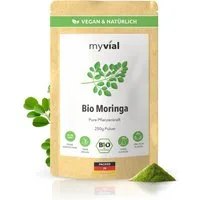 myvial Bio Moringa Pulver - naturbelassen & fein vermahlen - 250 g Pulver, feinvermahlenes Pulver, Blattpulver aus Moringa Oleifera à, plastikfrei verpackt, 250g Vorrat für mehrere Monate, höchste Qualität