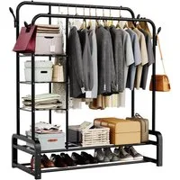 loefme Kleiderständer mit 2 Stangen & 3 Ablagefächern, 110×52×152 cm, bis 75 kg belastbar