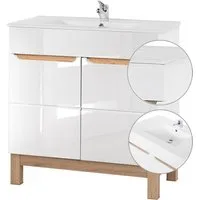 Lomadox Waschtisch SOLNA-56, inkl. 81 cm Keramikbecken Hochglanz weiß mit Wotaneiche, 81x85x46cm