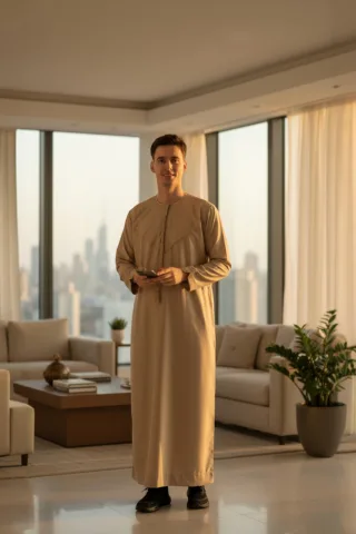Herren Beige Ramadan marokkanische Jubba Robe Djellaba Eid Kaftan Thobe LFS -TT-007