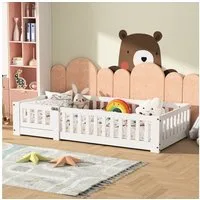 SEEZSSA Einzelbett Massivholzbett Holzbett Weiß Bodenbett mit Kopf und Fußteil Bett (120x200 cm Kinderbett Montessori Bett), mit Lattenrost und Rausfallschutz,Weiß-C