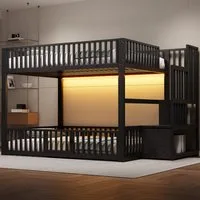 Flieks Etagenbett, Metallbett Kinderbett 140x200cm mit LED-Beleuchtung, oberem Lattenrost