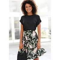 Buffalo Jerseykleid mit Rüsche in der Taille und bedrucktem Rock kurzes Sommerkleid, Shirtkleid, Strandkleid, Viskosekleid