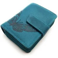 JOCKEY CLUB Mini Geldbörse kleines echt Leder Damen Portemonnaie mit RFID Schutz, wunderschöner Schmetterling, Sauvage Rindleder, petrol blau