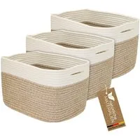 HMF Aufbewahrungskorb Aufbewahrungskorb mit versteckten Griffen, für Kallax Regal geeignet (Set, 3er), Korb handgenäht aus Baumwolle, 37,5 x 25 x 22,5 cm, Weiß-Braun