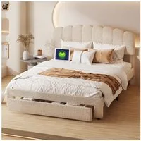PXloue Polsterbett Doppelbett Stauraumbett (höhenverstellbarem Kopfteil), mit USB/Type-C Anschlüssen und Schublade, 160x200cm, Teddysamt