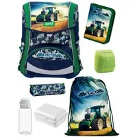 Familando Schulranzen Traktor Schultasche 1. Klasse, leicht, kompakt, ergonomisch (Set, 7-tlg., inkl. Federmappe, Brotdose & Trinkflasche), höhenverstellbares Rückenpolster, mit Brust- und Beckengurt
