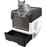 JEOBEST Katzentoilette Katzenklo Faltbare, Katzentoilette, mit Deckel, ausziehbares Tablett, Auslaufsicher, geruchsresistent, Spritzwassergesc (mit Schaufel)