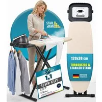 STAHLMANN COMMERCE GmbH Bügelbrett 120 × 38 cm, Made in EU, höhenverstellbar 60-90 cm, Turbobezug, Bügelfläche 38x120 cm, Ovale Form, Made in EU, Mesh-Bügelfläche
