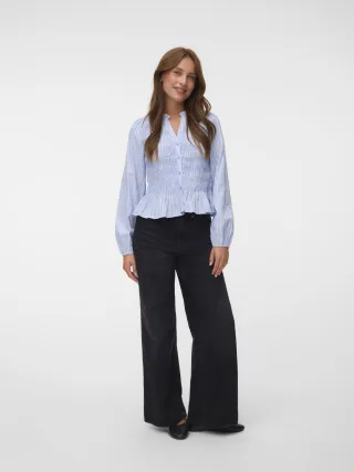 VERO MODA - VMEMERY LS V-NECK SMOCK TOP WVN RET Brunnera Blue - Gr. - M